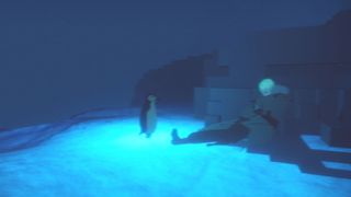 A penguin stands near the corpse of a fallen antarctic explorer in Penguin Colony.