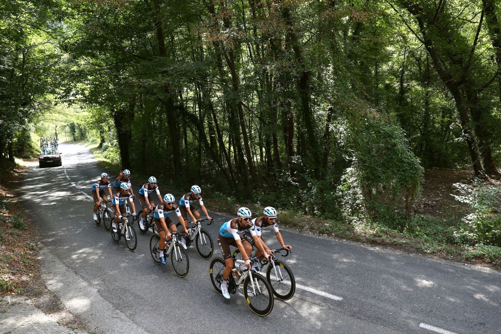 NICE FRANCE AUGUST 28 Romain Bardet of France Mickael Cherel of France Benoit Cosnefroy of France Pierre Latour of France Oliver Naesen of Belgium Nans Peters of France Clement Venturini of France and Alexis Vuillermoz of France and Team Ag2R La Mondiale during the 107th Tour de France 2020 Team Ag2R La Mondiale Training TDF2020 LeTour on August 28 2020 in Nice France Photo by Michael SteeleGetty Images