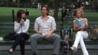 Ginnifer Goodwin, Steve Howey, and Emily Giffin sitting on park benches in Something Borrowed