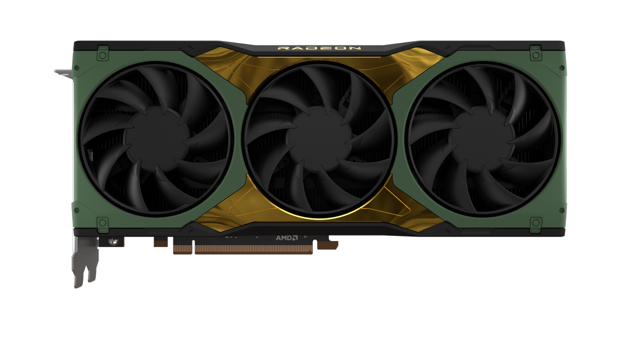 Halo Themed RX 6900 XT in front of a gray background.