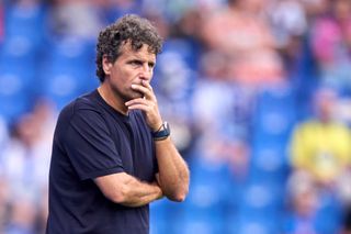 Imanol Idiakez, Head Coah of RC Deportivo de La Coruna reacts during the LaLiga Hypermotion match between RC Deportivo de La Coruna and Real Oviedo at Abanca Riazor Stadium on August 17, 2024 in La Coruna, Spain.