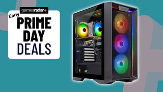 Skytech gaming PC with green backdrop and GamesRadar Prime Day logo on left