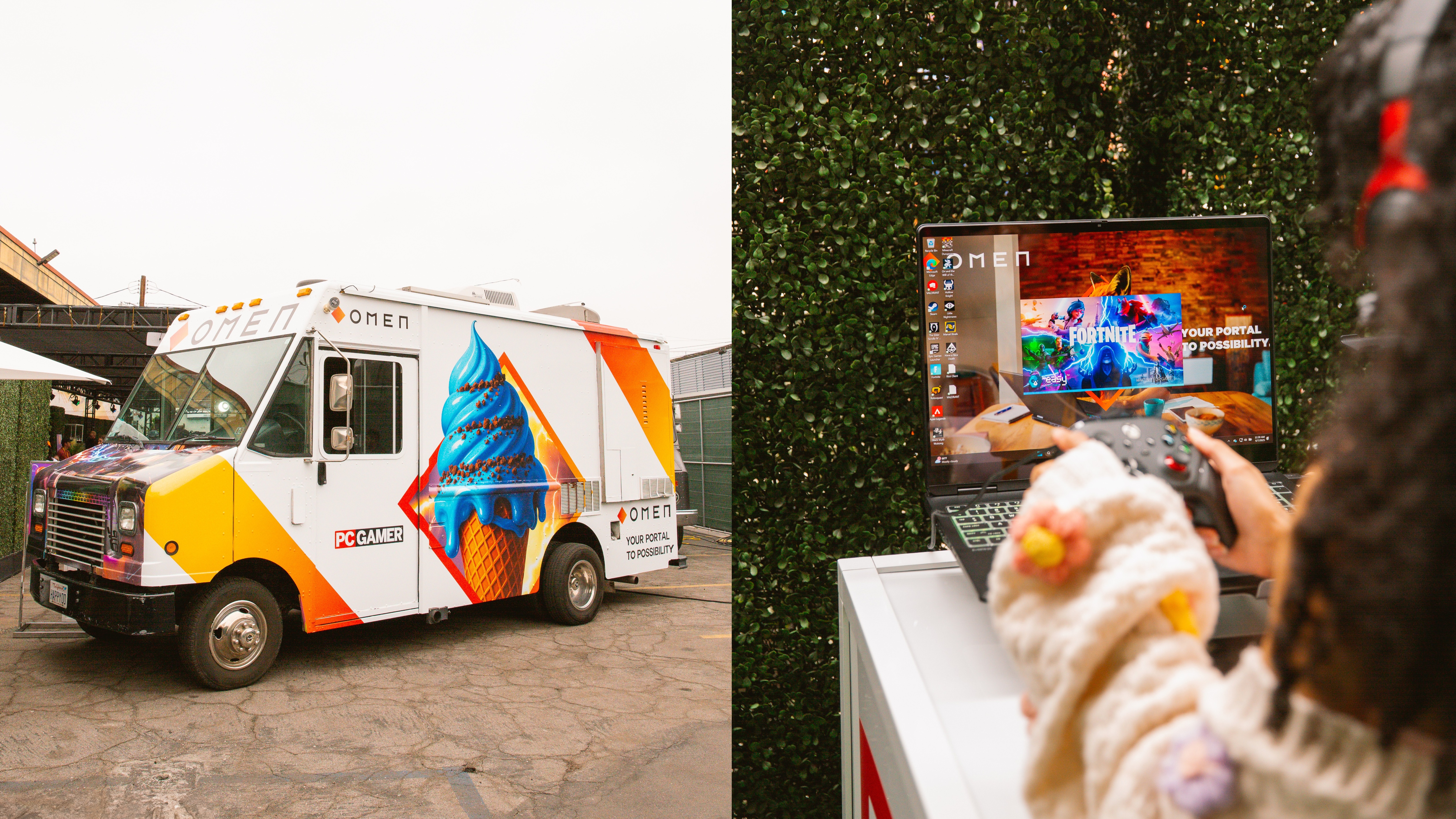 The OMEN-PC Gamer ice cream truck and a person playing on the OMEN MAX 16