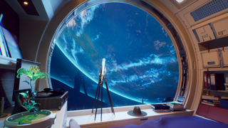 A telescope looking out of a space station window orbiting a planet