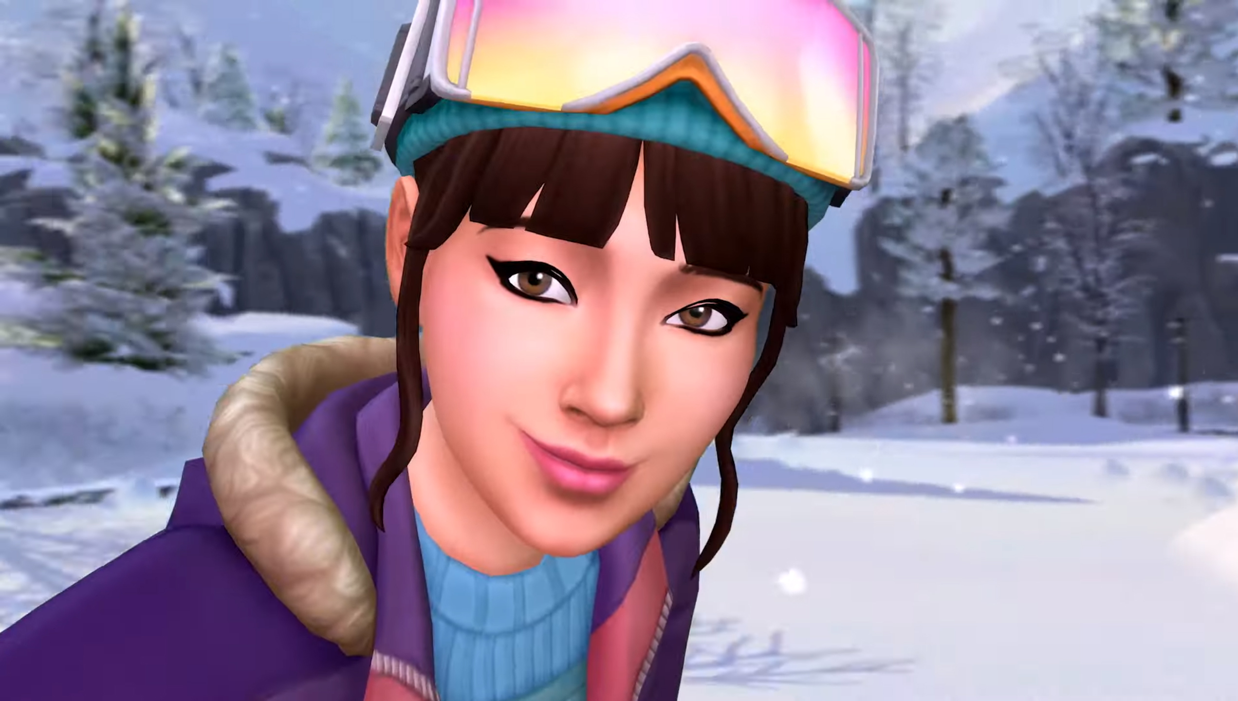 The Sims 4 Snowy Escape - a snowboarder poses in winter