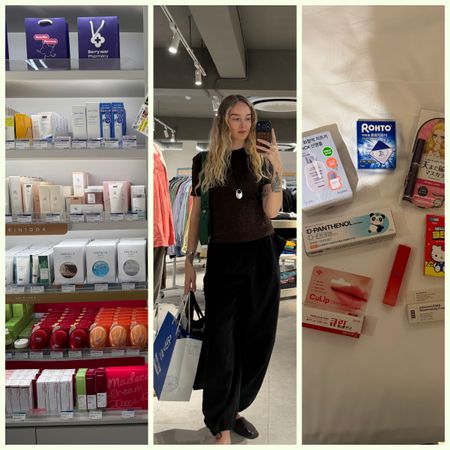 a woman in a black and brown outfit taking a mirror selfie flanked by two photos of Korean beauty products