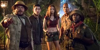 Jack Black, Nick Jonas, Karen Gillan, Dwayne Johnson, and Kevin Hart in Jumanji: Welcome to the Jungle