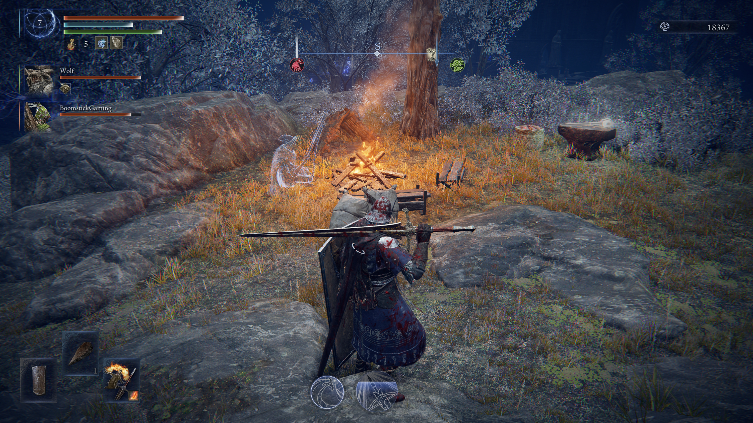 Elden Ring Nightreign merchant locations: Wylder looking at a merchant sat next to a campire and an anvil.