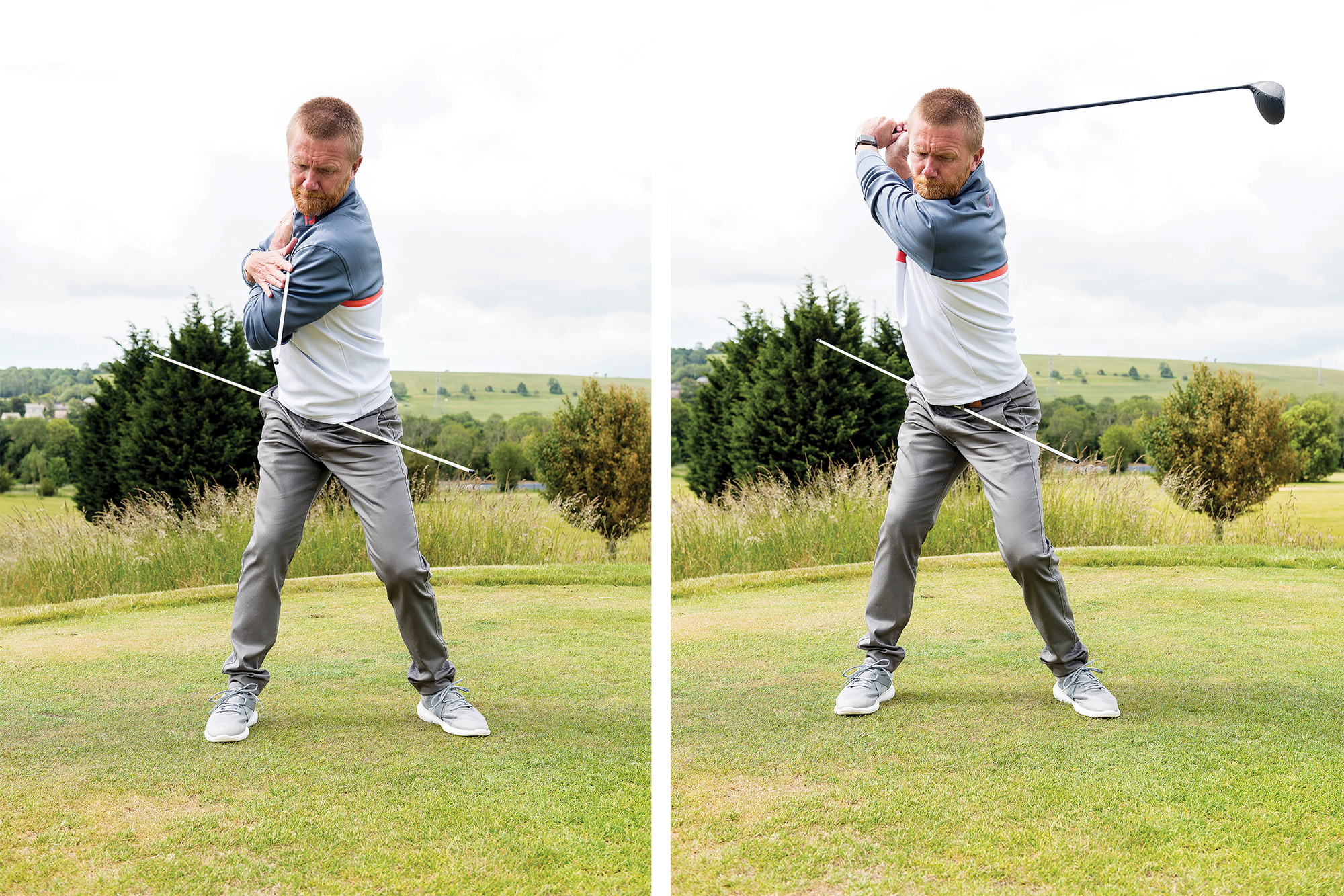PGA pro Andrew Jones demonstrating the correct angles of the hips and shoulders to coil in the backswing, with another image showing the role of the trail knee in bracing against force