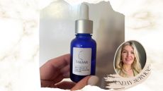 a hand holding takami daily skin renewing peel beside an image of beauty editor Fiona McKim