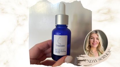 a hand holding takami daily skin renewing peel beside an image of beauty editor Fiona McKim