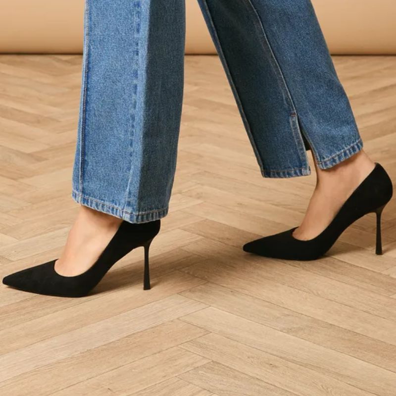 black faux-suede court heels