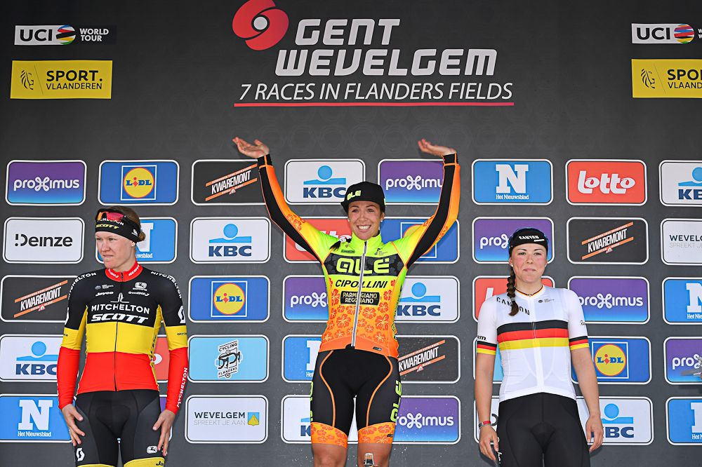 Julien D'Hoore, Marta Bastianelli and Lisa Klein on the Gent-Wevelgem podium