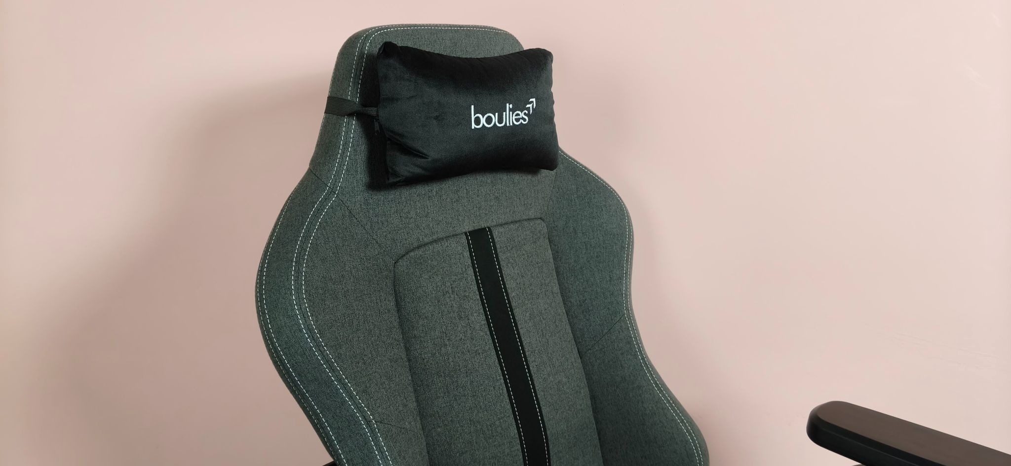 Close-up of head pillow attached to Boulies Master Rex (2026), with pink wall in background