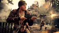 A soldier in a brown jacket and beanie aims a rifle amidst battle. Explosions and a plane are in the background, conveying intense action and urgency.