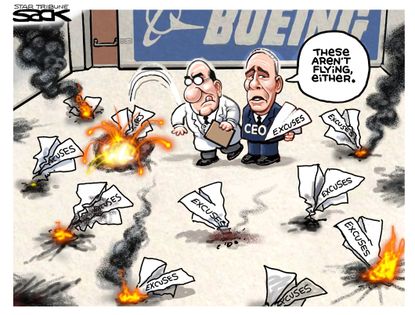 Editorial Cartoon U.S. Boeing Excuses Paper Airplanes Not Flying