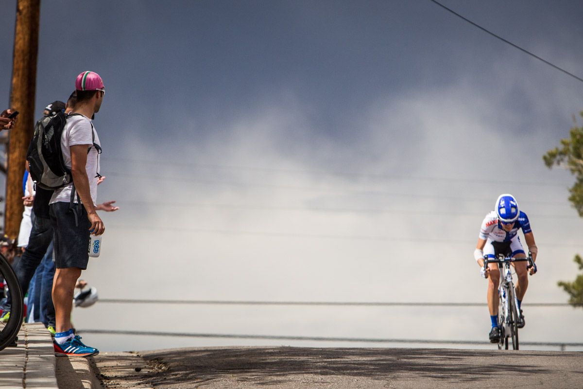 Fans watch as Scotti Wilborne (UnitedHealthcare) attacks up the climb.