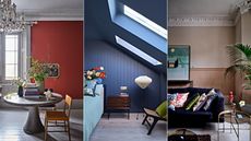 A iving room with a Bamboozle No.304 feature wall / An attic bedroom drenched in Wine Dark No.308 / A living room painted half-and-half with Stirabout No.300 and Templeton Pink No.303