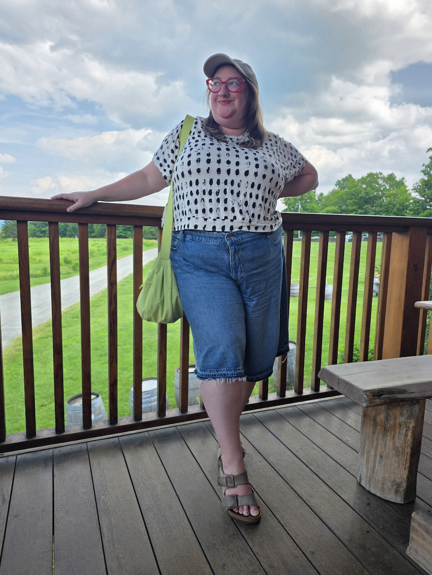 Sarah Chiwaya styled Bermuda denim shorts and Birkenstocks from her Vermont Packing List for Style At Large