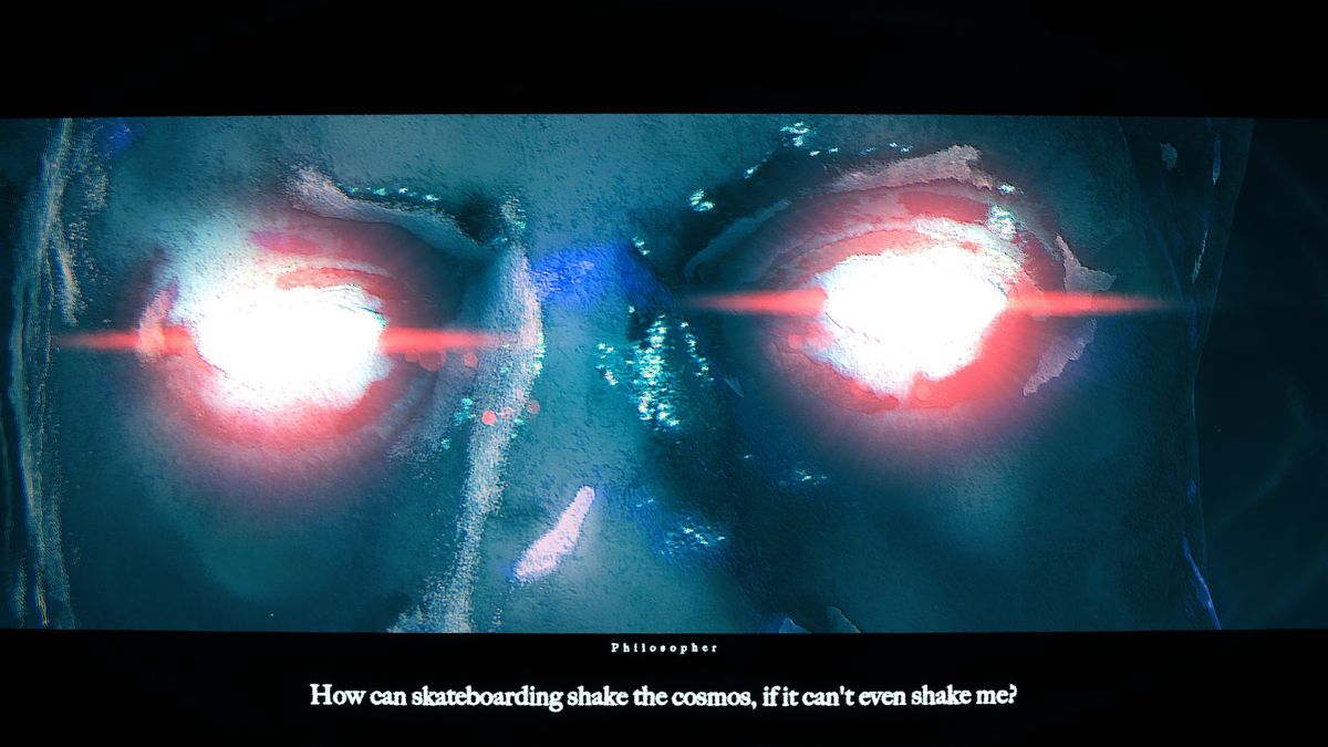 Skate story close up of glowing red eyes with subtitle "How can skateboarding shake the cosmos, if it can't even shake me?"