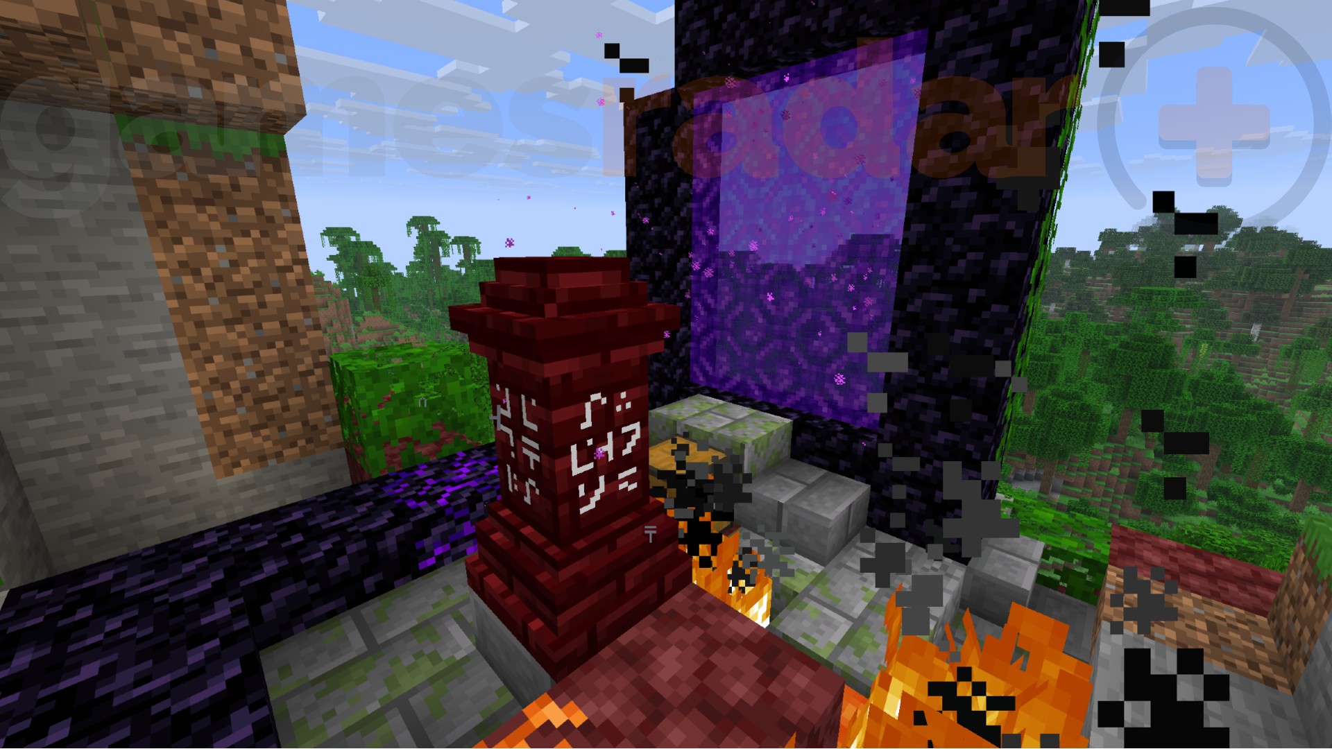 A Nether Waystone sits in front of a ruined portal in Minecraft with the Waystones mod installed.