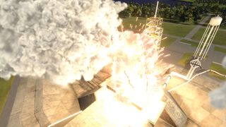 A rocket exploding in space sim Kerbal Space Program 2