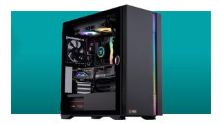 ABS Vortex-X Ruby gaming PC against a teal background, with a white border