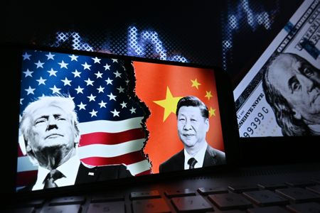 A conceptual image featuring Donald Trump and China President Xi Jinping on a screen, with undulating stocks and a dollar bill in the background.
