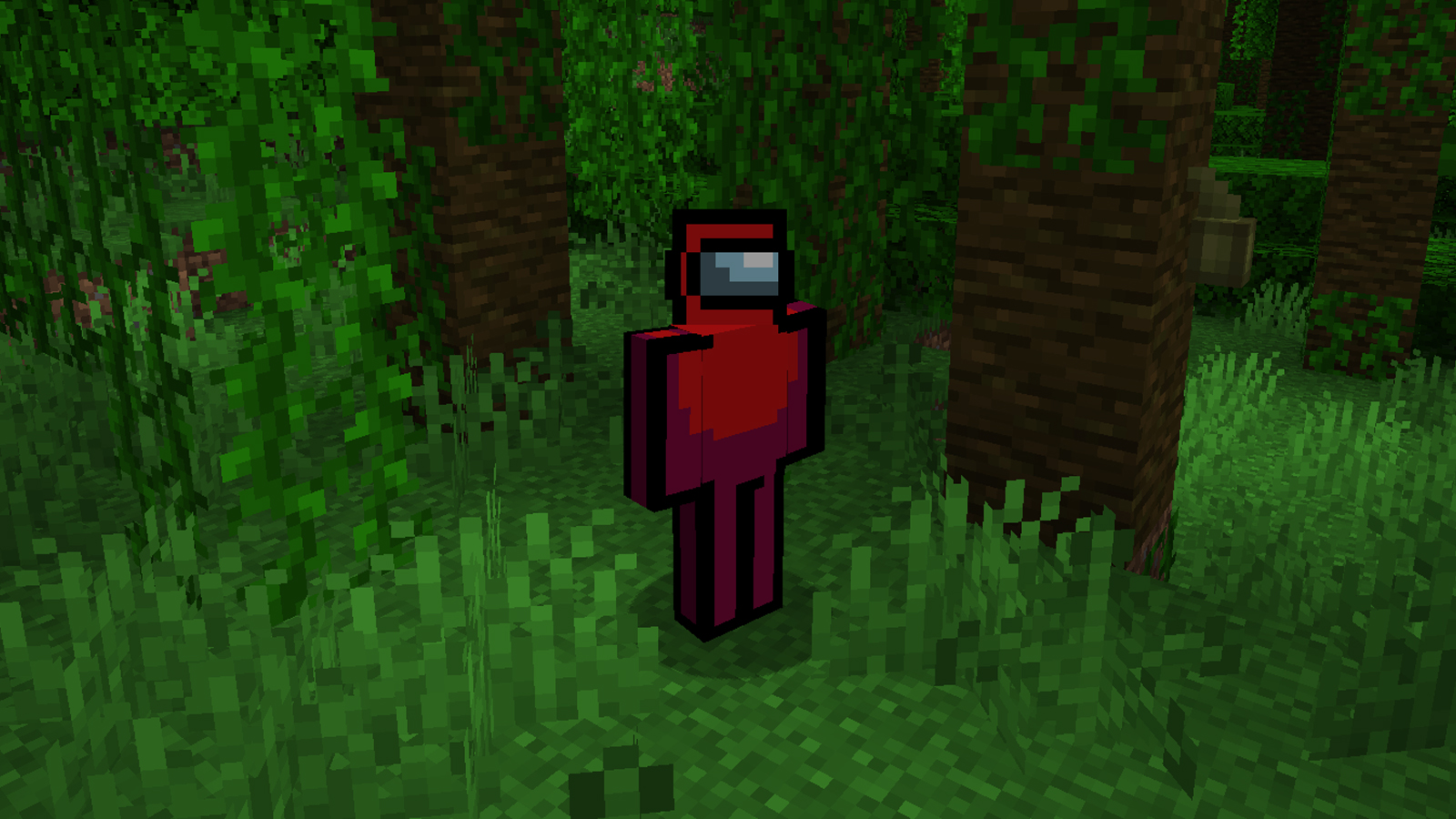 Melhores skins de Minecraft - Um jogador usando uma skin inspirada nos membros da tripulação do Among Us fica na floresta.