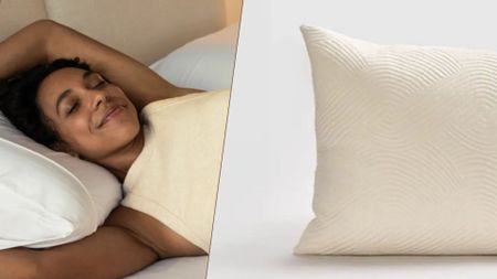 The composite image shows a dark haired woman smiling with her eyes closed as she lies back onto a white pillow on the left, while the right hand side of the image shows a close up image of a beige textured pillow