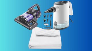 A mattress vacuum, steam cleaner and protector in a collage