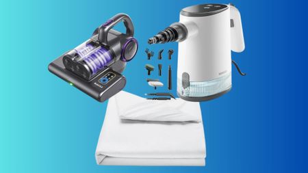 A mattress vacuum, steam cleaner and protector in a collage