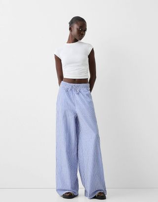 Bershka Deep Waistband Wide Leg Pants in Blue Stripe