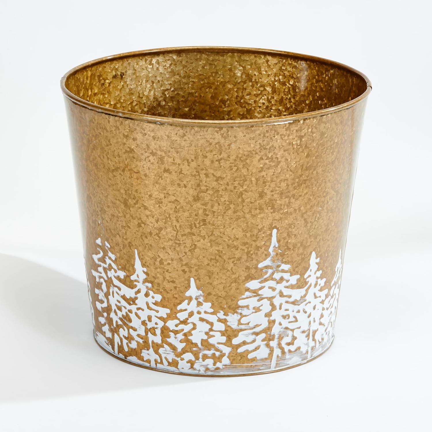 Worth Imports Gold Galvanized Metal Christmas Planter Bucket With Tree Design, 10.5