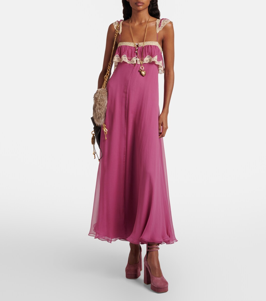 Lace-Trimmed Silk Muslin Maxi Dress