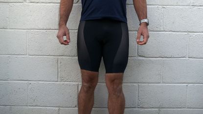 Image shows a rider wearing the dhb Aeron Turbo shorts.