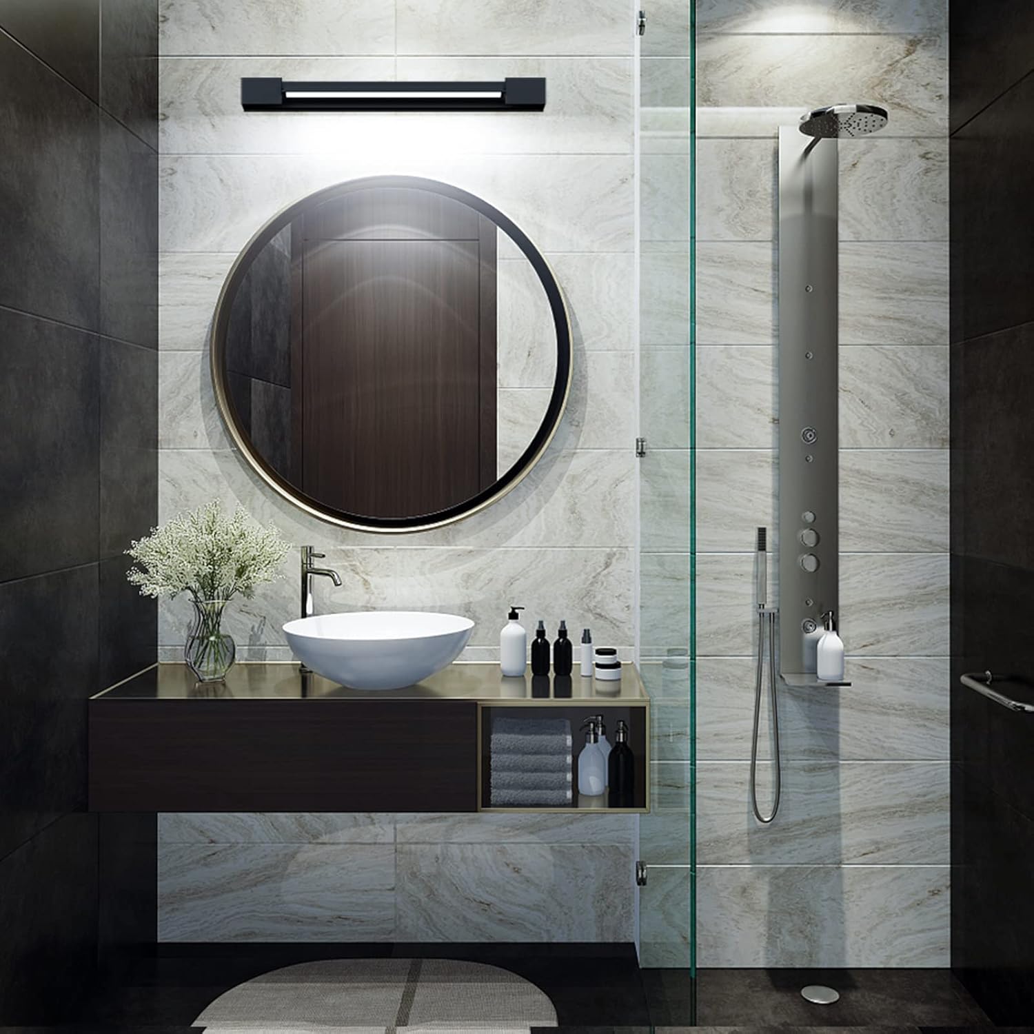 bathroom light above mirror in bathroom with walk in shower, wall mounted vanity and countertop basin