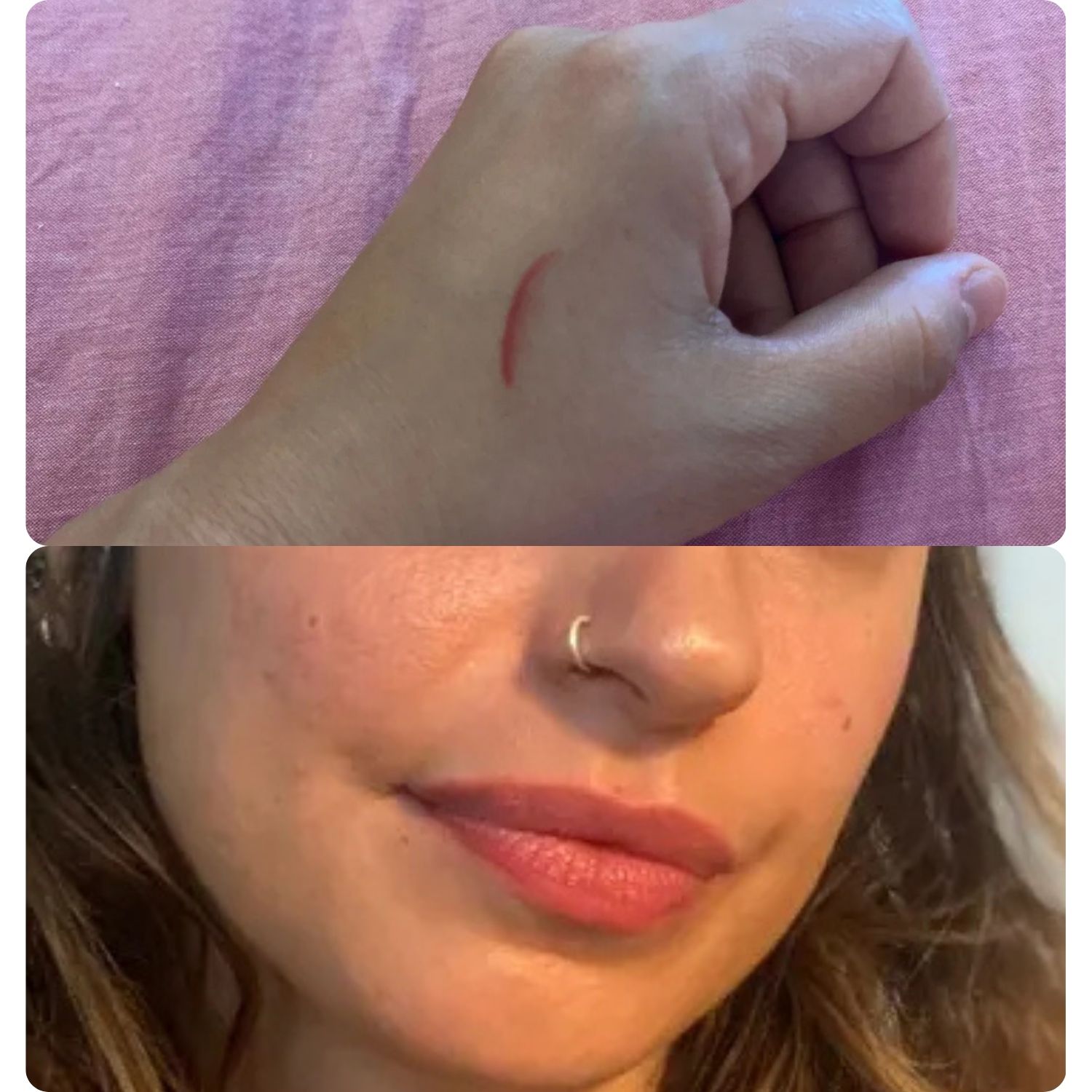 An image of shopping writer Hannah Holway's hand with a swatch of Estee Lauder lip liner above an image of the lip liner on her lips