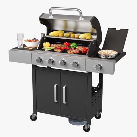 Clouddwell 4 Burner Gas Propane Grill, With 4 Casters, Side Table, and Thermometer, Patio Garden Bbq Grill Perfect for Camping, Black
