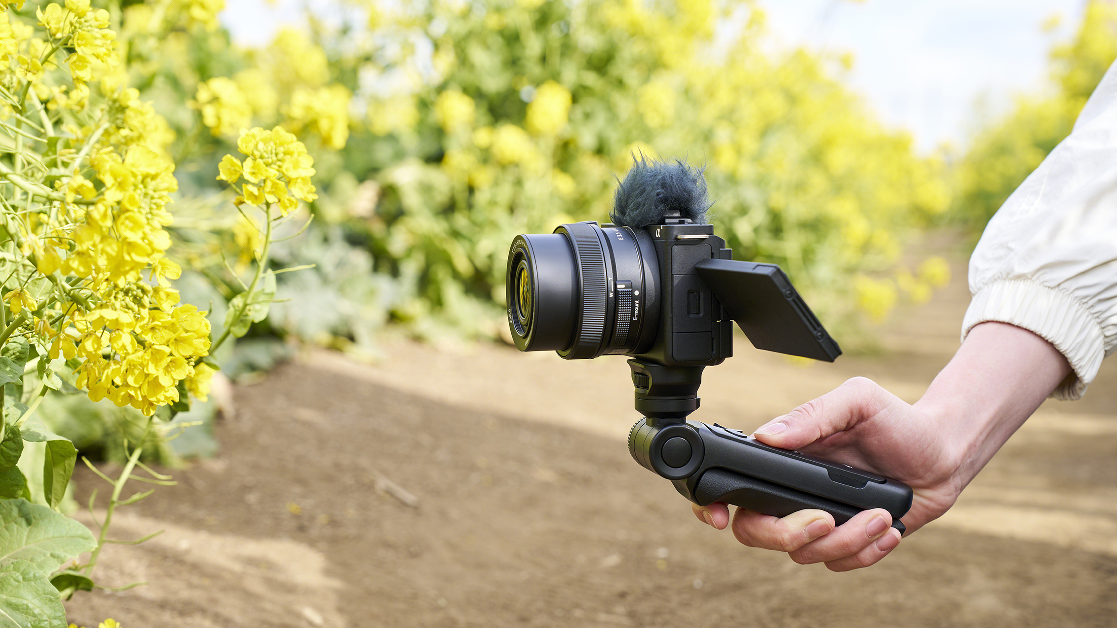 A person holds a camera featuring Sony GP-VPT3 grip with a microphone, surrounded by vibrant yellow flowers in a field under a clear sky