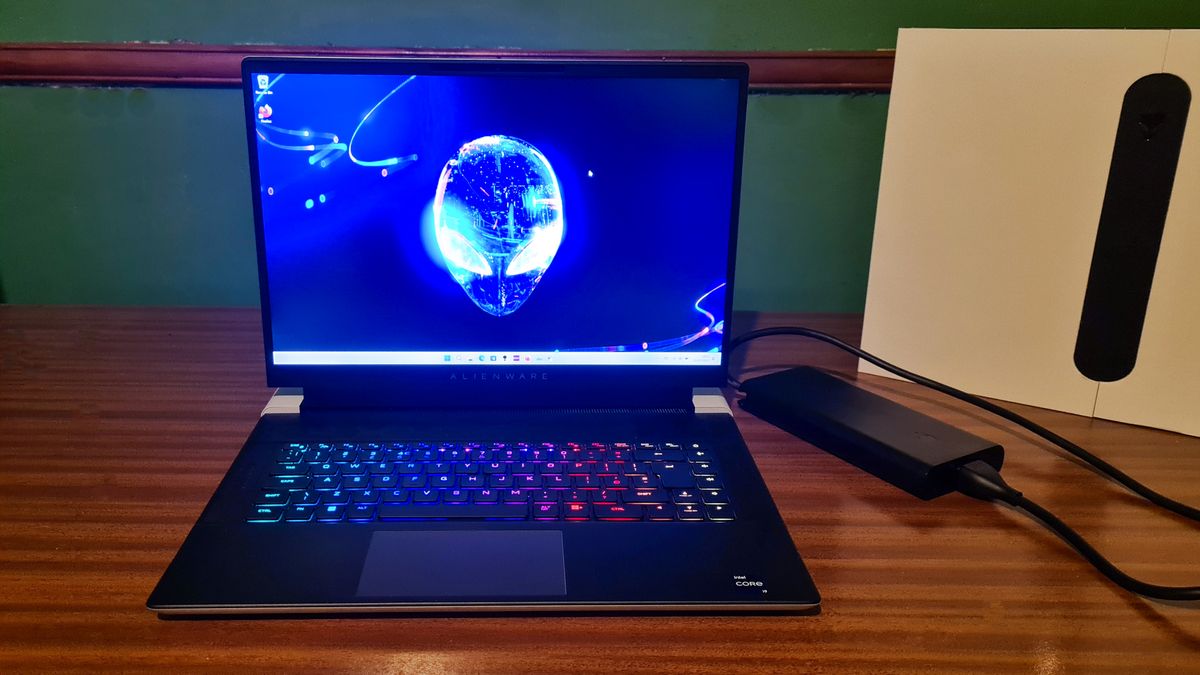 Alienware x16 on a wooden desk