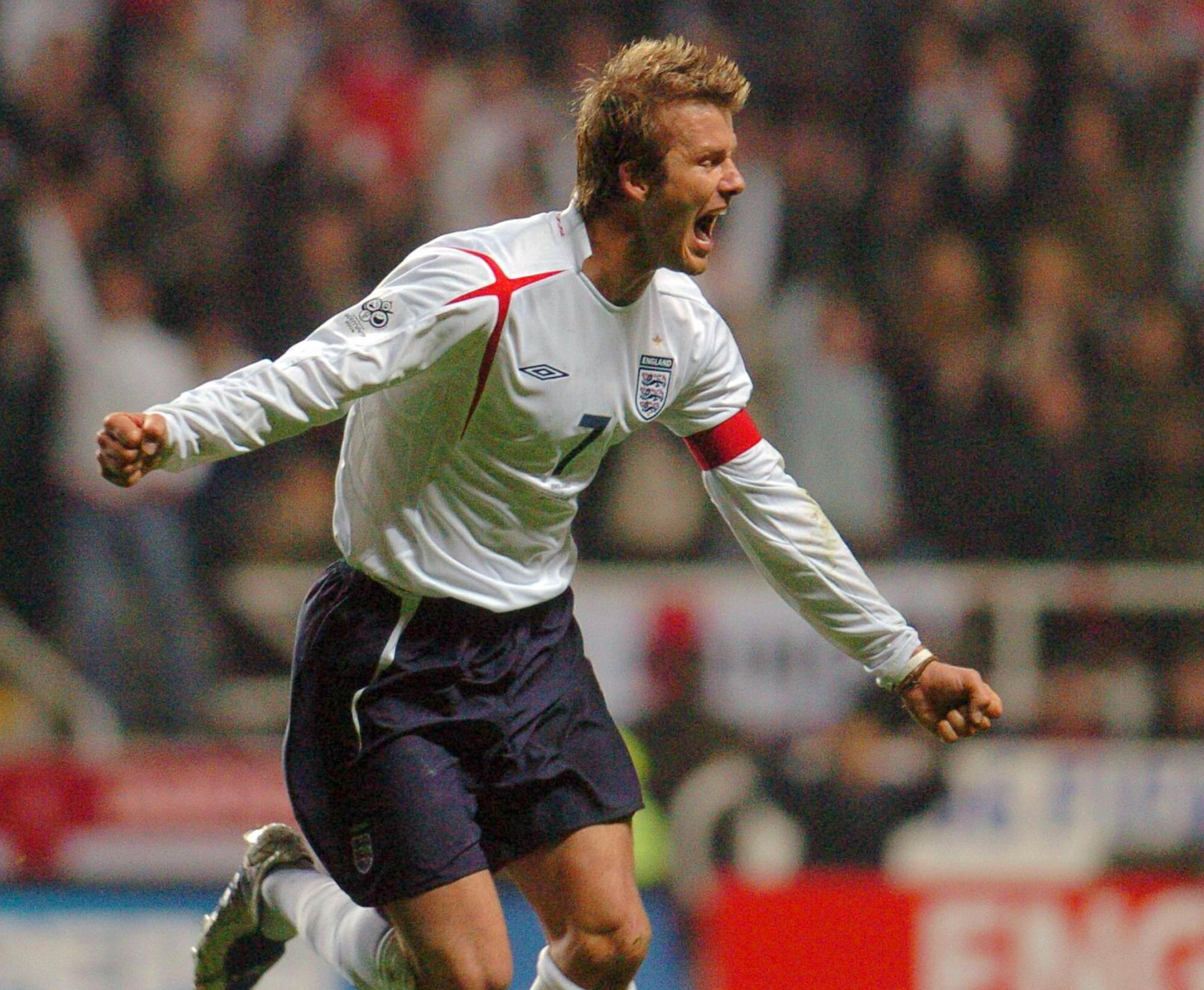 David Beckham celebrates after scoring for England against Azerbaijan in a World Cup qualifier at St. James' Park in March 2005.