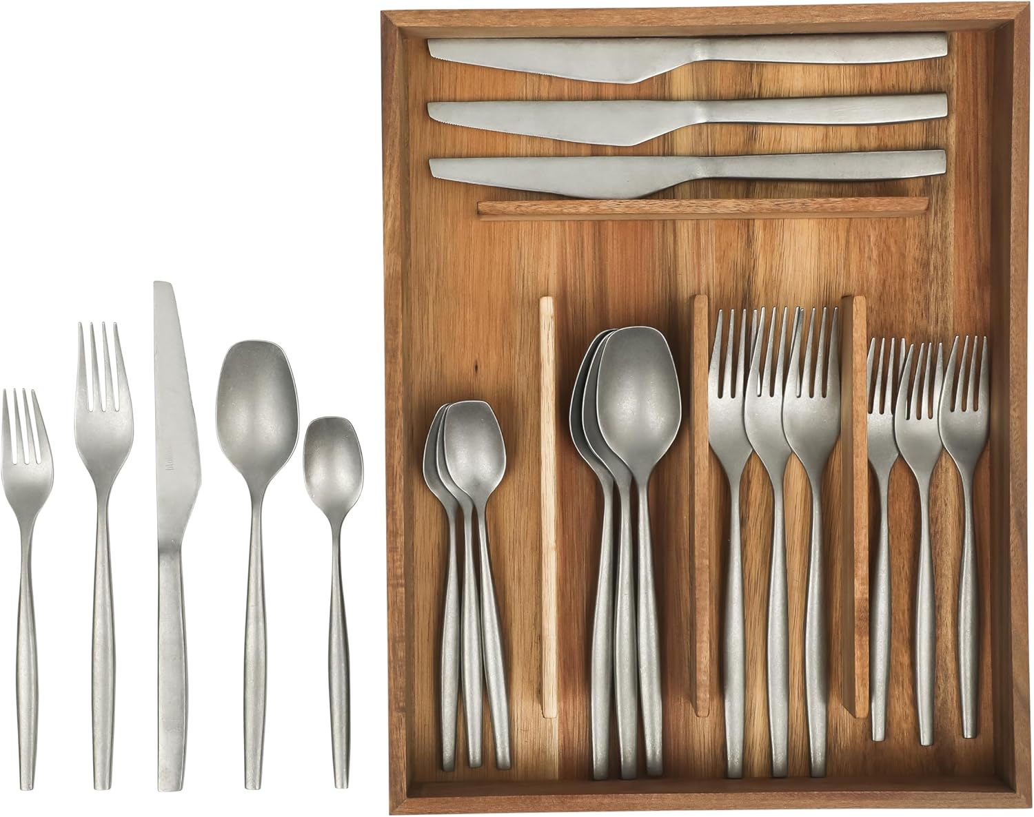 Bloomhouse - Two Time Oprah&#039;s Favorite Things Winner - 20 Piece Stone Washed Flatware 18/10 Stainless Steel Silverware Cutlery Utensil Set With Acacia Wood Caddy - Service for 4
