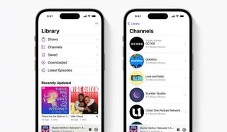 Screenshots of the Podcasts app in iOS 16.4, showing the new Channels option