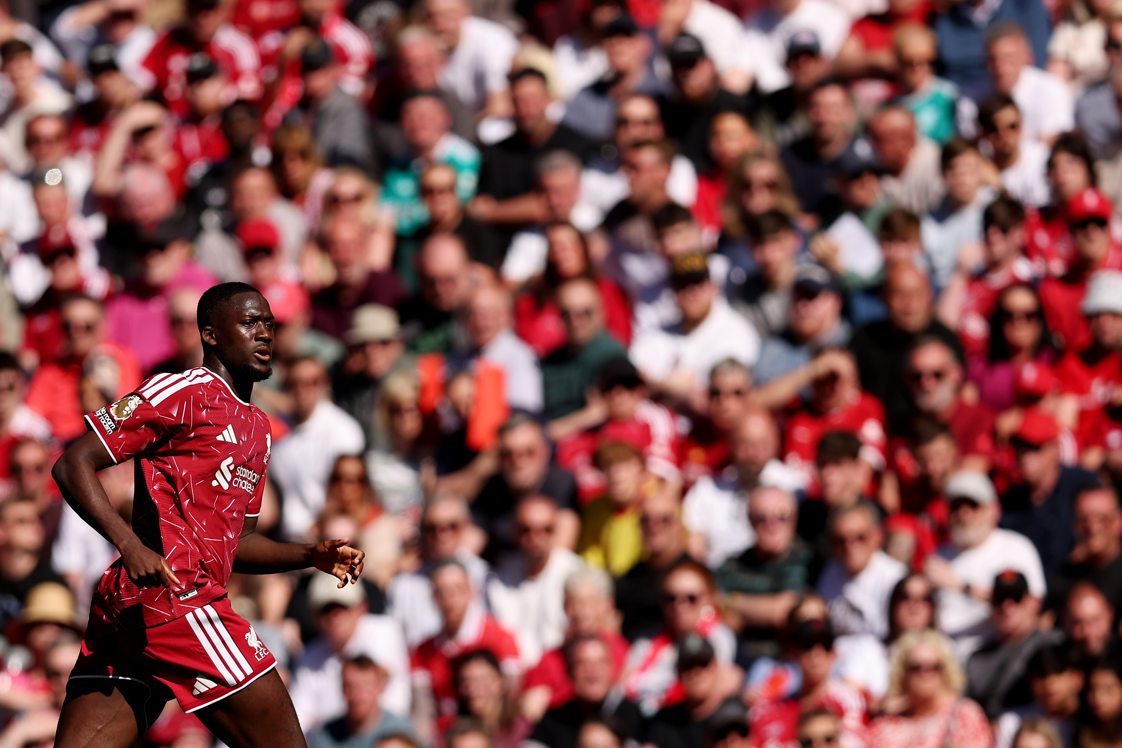 LIVERPOOL, ENGLAND - MAY 24: Ibrahima Konate of Liverpool in action during the Premier League match between Liverpool and Brentford at Anfield on May 24, 2026 in Liverpool, England. (Photo by Jack Thomas/Getty Images)