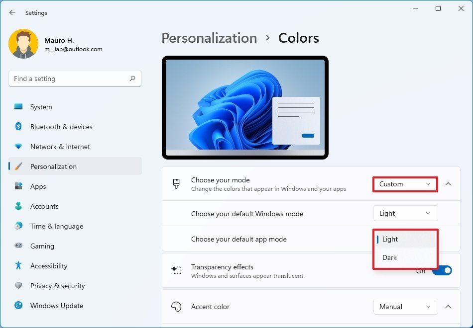 Windows 11 custom color mode