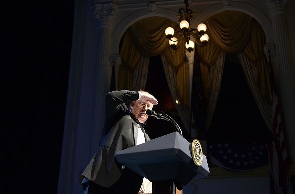 Trump peers out at the crowd at Ford&amp;#039;s Theatre.