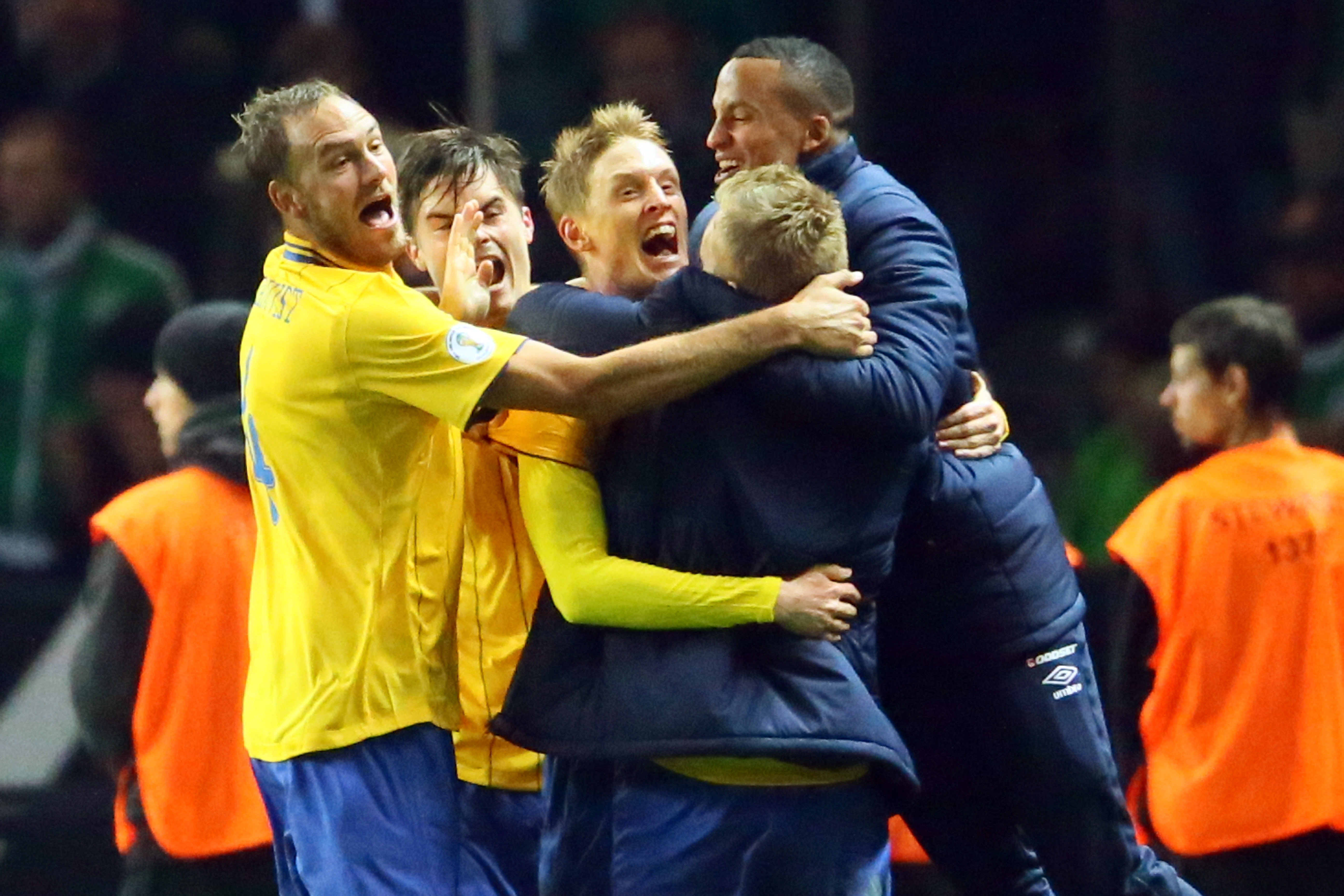 Sweden players celebrate their fourth goal in a thrilling 4-4 draw against Germany in October 2012.