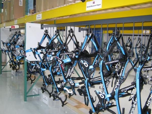 Each rider has a place on the rack for their race bikes