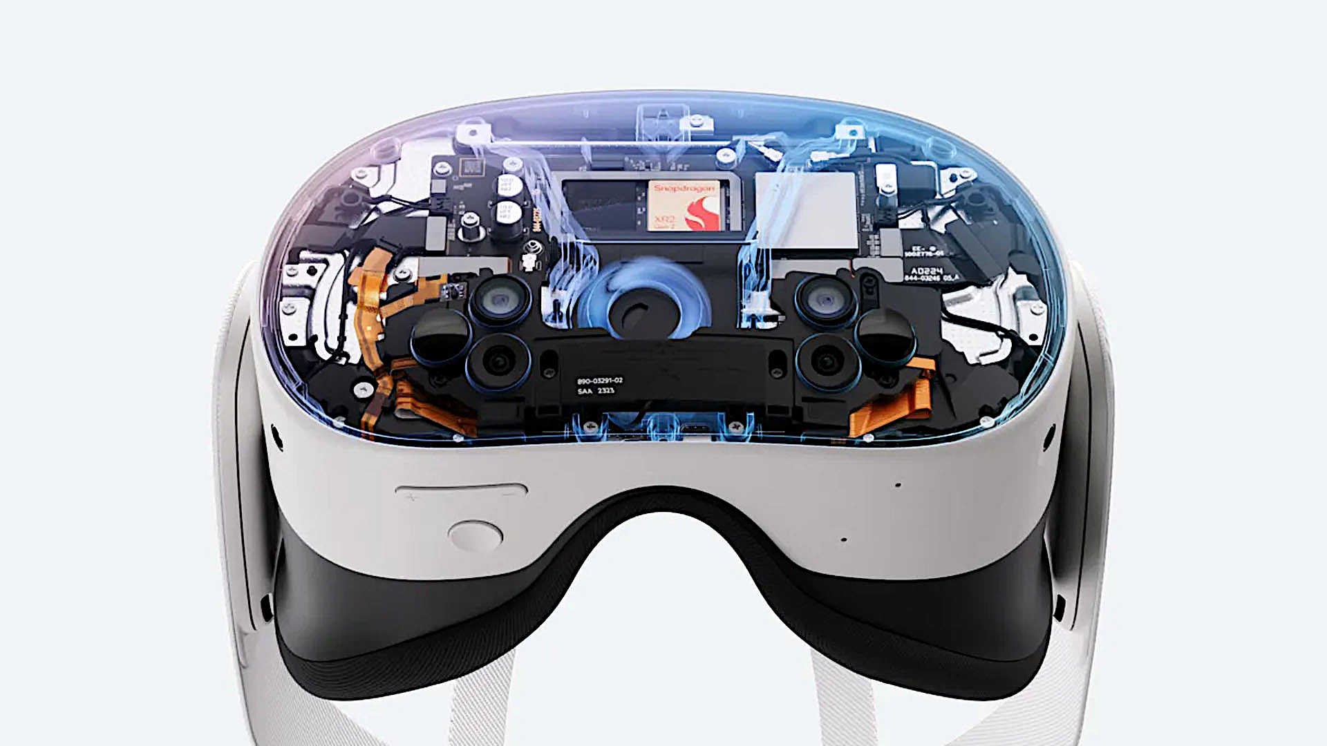 Meta Quest 3S image showing the VR/AR headset with a transparent faceplate, revealing its internal electronics.